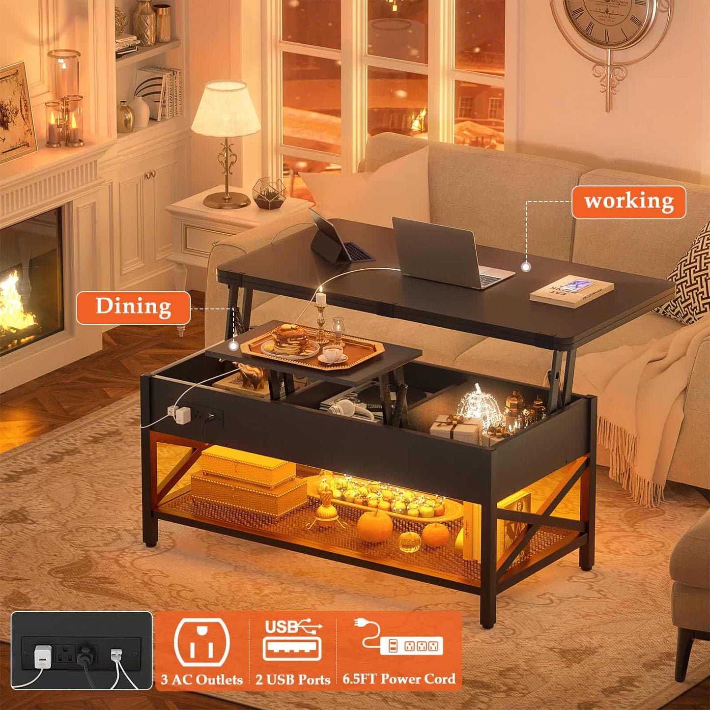 Coffee Table Lift Top with LED Light and Power Outlet, Multi-Function Coffee Table Converts to Dining Table