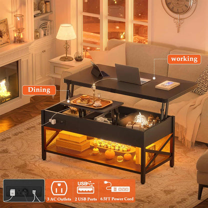Coffee Table Lift Top with LED Light and Power Outlet, Multi-Function Coffee Table Converts to Dining Table