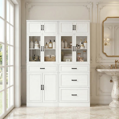 80" Tall Kitchen Pantry Cabinet Sets with Glass Doors, Adjustable Shelves & Drawers - Freestanding Storage Cupboard
