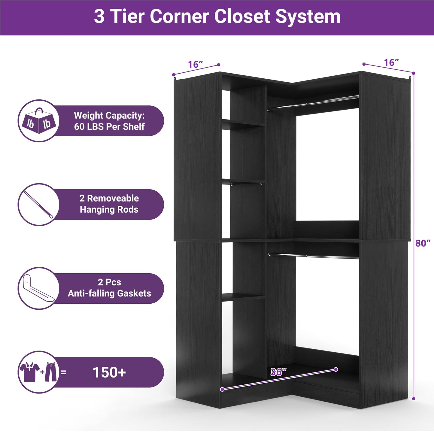 36" Corner Closet System - 2 Rods, Hutches, and 5 Shelves for Versatile Storage, Sturdy and Durable Design Armoire Closet Organizer