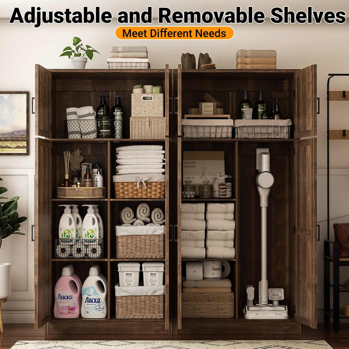 Farmhouse Kitchen Pantry Storage Cabinet with Adjustable Shelves and Barn Doors