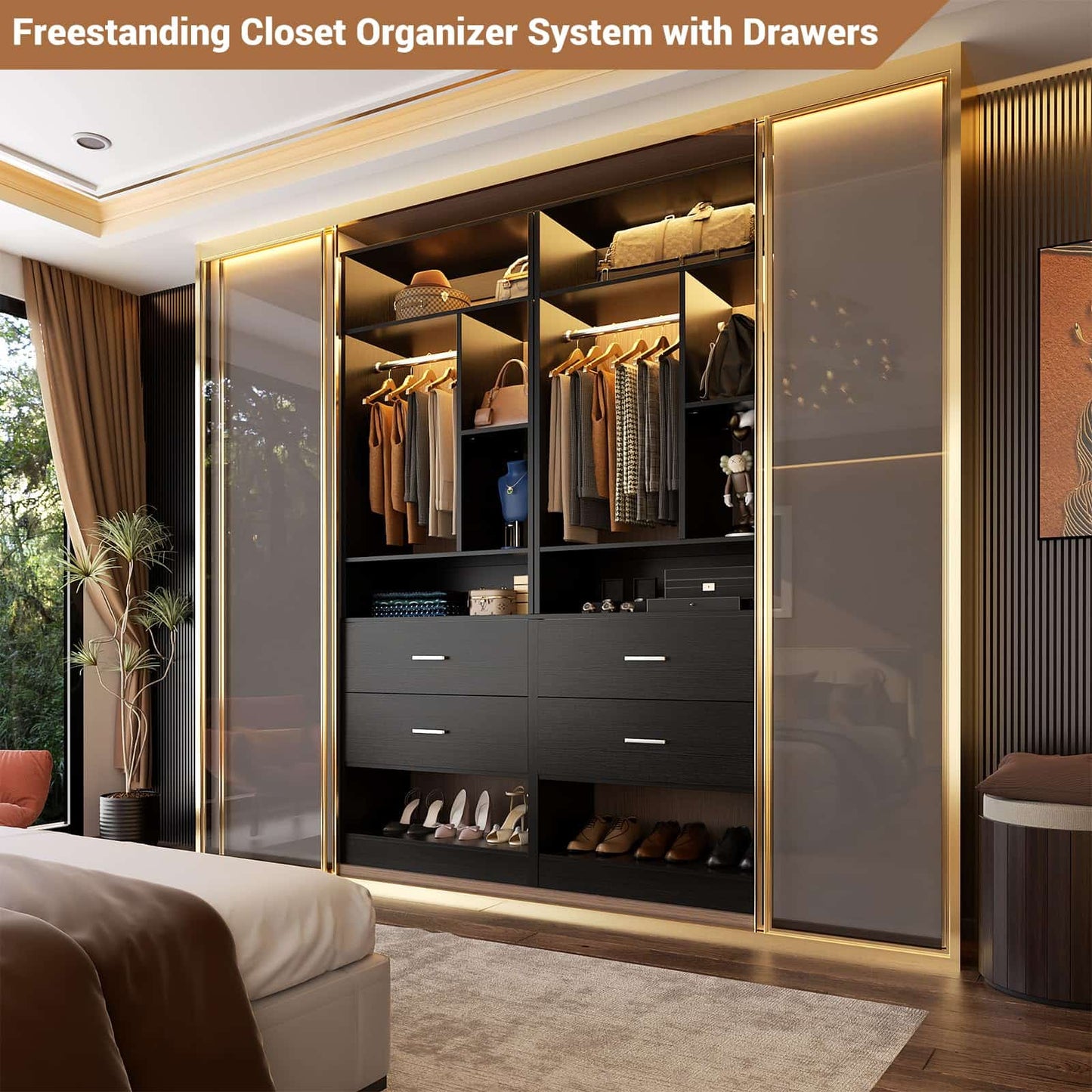 Freestanding 24" Closet System with 2 Wood Drawers, 2FT Small Closet Organizer System with 6 Shelves & Hanging Rod
