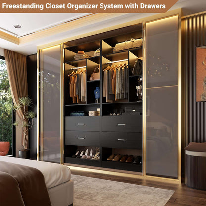Freestanding 24" Closet System with 2 Wood Drawers, 2FT Small Closet Organizer System with 6 Shelves & Hanging Rod