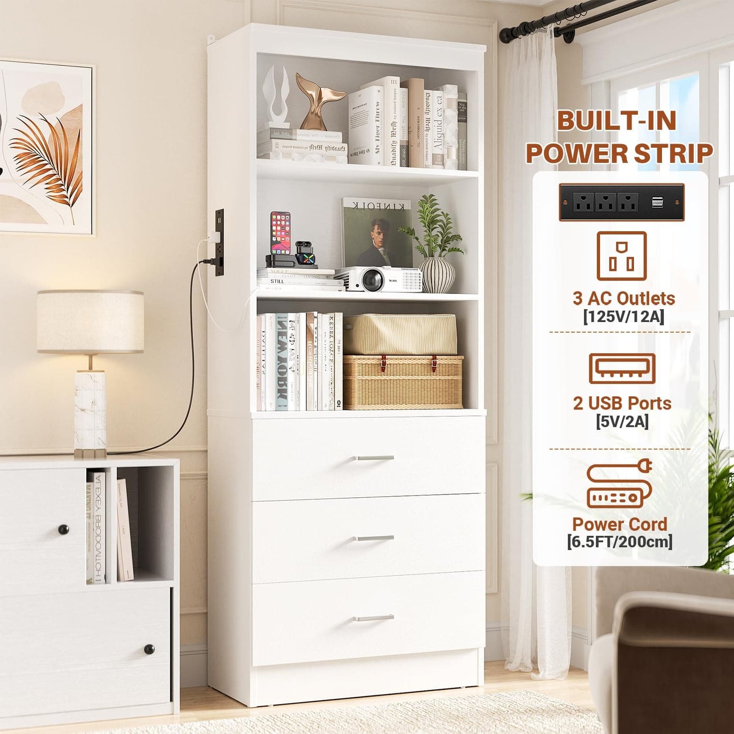 71" Tall Bookcases with 3 Large Drawers & 3 Shelves, Wooden Bookshelf for Living Room Offic