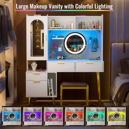 48" Makeup Vanity with Hutch, LED Lighted Mirror & Charging Station, 5 Large Drawers, Shelves, Pegboard & Cabinet