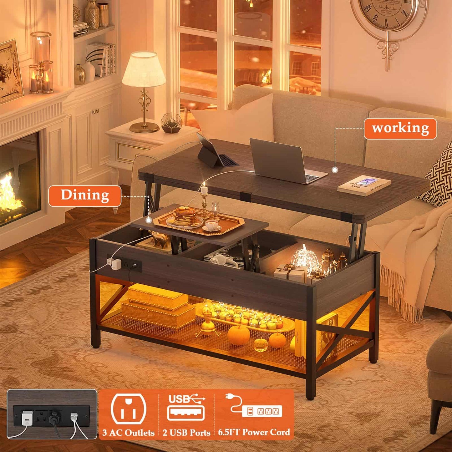Coffee Table Lift Top with LED Light and Power Outlet, Multi-Function Coffee Table Converts to Dining Table