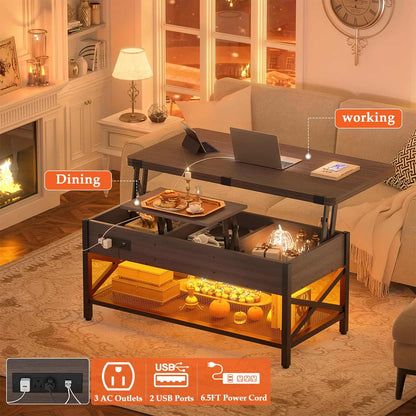 Coffee Table Lift Top with LED Light and Power Outlet, Multi-Function Coffee Table Converts to Dining Table
