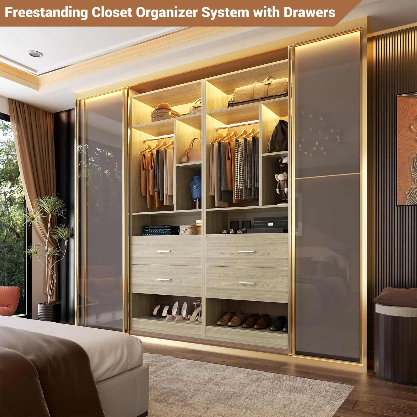 Freestanding 24" Closet System with 2 Wood Drawers, 2FT Small Closet Organizer System with 6 Shelves & Hanging Rod
