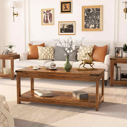43.3” Farmhouse Wood Coffee Table with Storage Shelf, Modern Center Table for Living Room