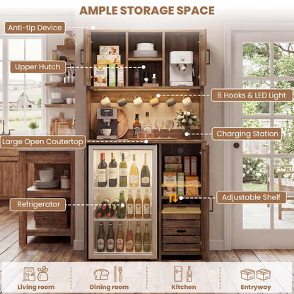 3-in-1 Mini Fridge Cabinet & Coffee Bar Station - with Power Outlet, LED Light, Microwave Shelf & Wine Storage