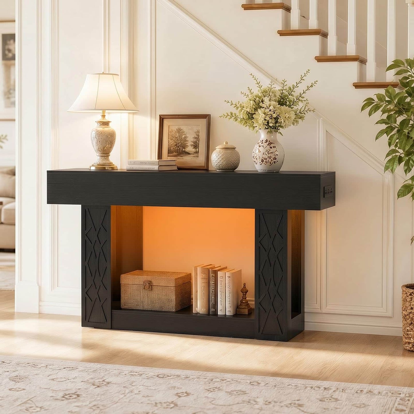 63" Farmhouse Console Table - with Outlets, LED Lights & 2-Tier Storage, Unique Geometric Pattern Sofa Table for Living Room, Hallway, Foyer