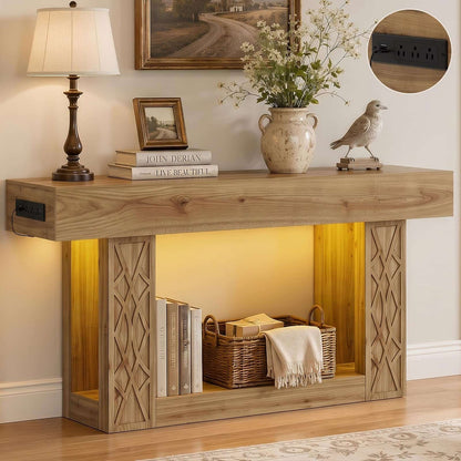 63" Farmhouse Console Table - with Outlets, LED Lights & 2-Tier Storage, Unique Geometric Pattern Sofa Table for Living Room, Hallway, Foyer