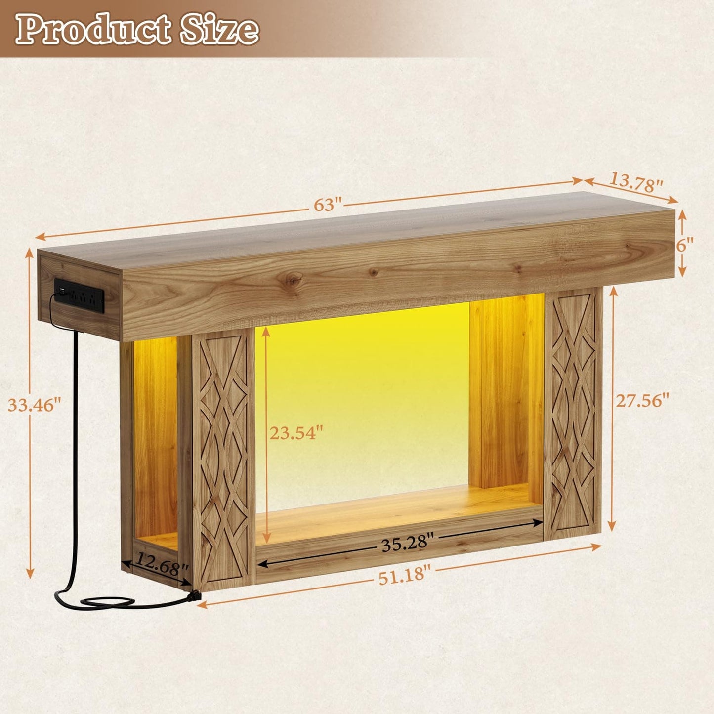 63" Farmhouse Console Table - with Outlets, LED Lights & 2-Tier Storage, Unique Geometric Pattern Sofa Table for Living Room, Hallway, Foyer