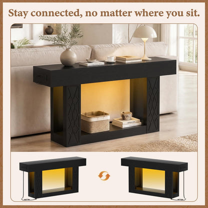 63" Farmhouse Console Table - with Outlets, LED Lights & 2-Tier Storage, Unique Geometric Pattern Sofa Table for Living Room, Hallway, Foyer