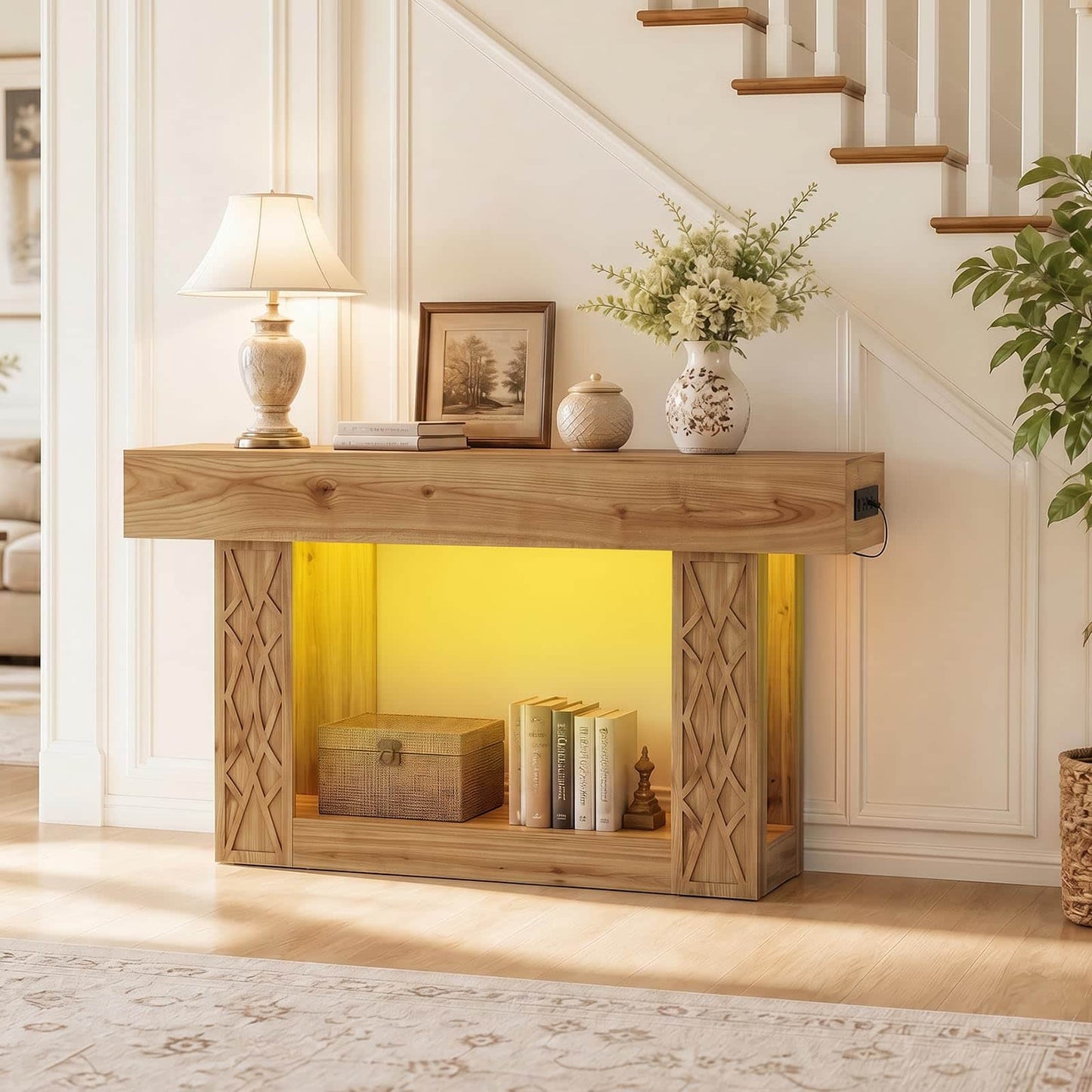 63" Farmhouse Console Table - with Outlets, LED Lights & 2-Tier Storage, Unique Geometric Pattern Sofa Table for Living Room, Hallway, Foyer