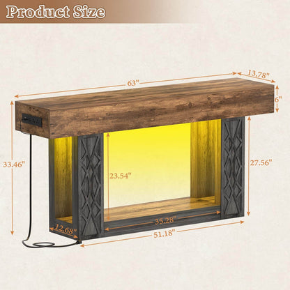 63" Farmhouse Console Table - with Outlets, LED Lights & 2-Tier Storage, Unique Geometric Pattern Sofa Table for Living Room, Hallway, Foyer