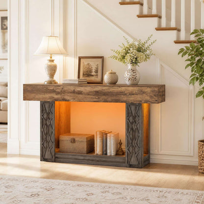 63" Farmhouse Console Table - with Outlets, LED Lights & 2-Tier Storage, Unique Geometric Pattern Sofa Table for Living Room, Hallway, Foyer