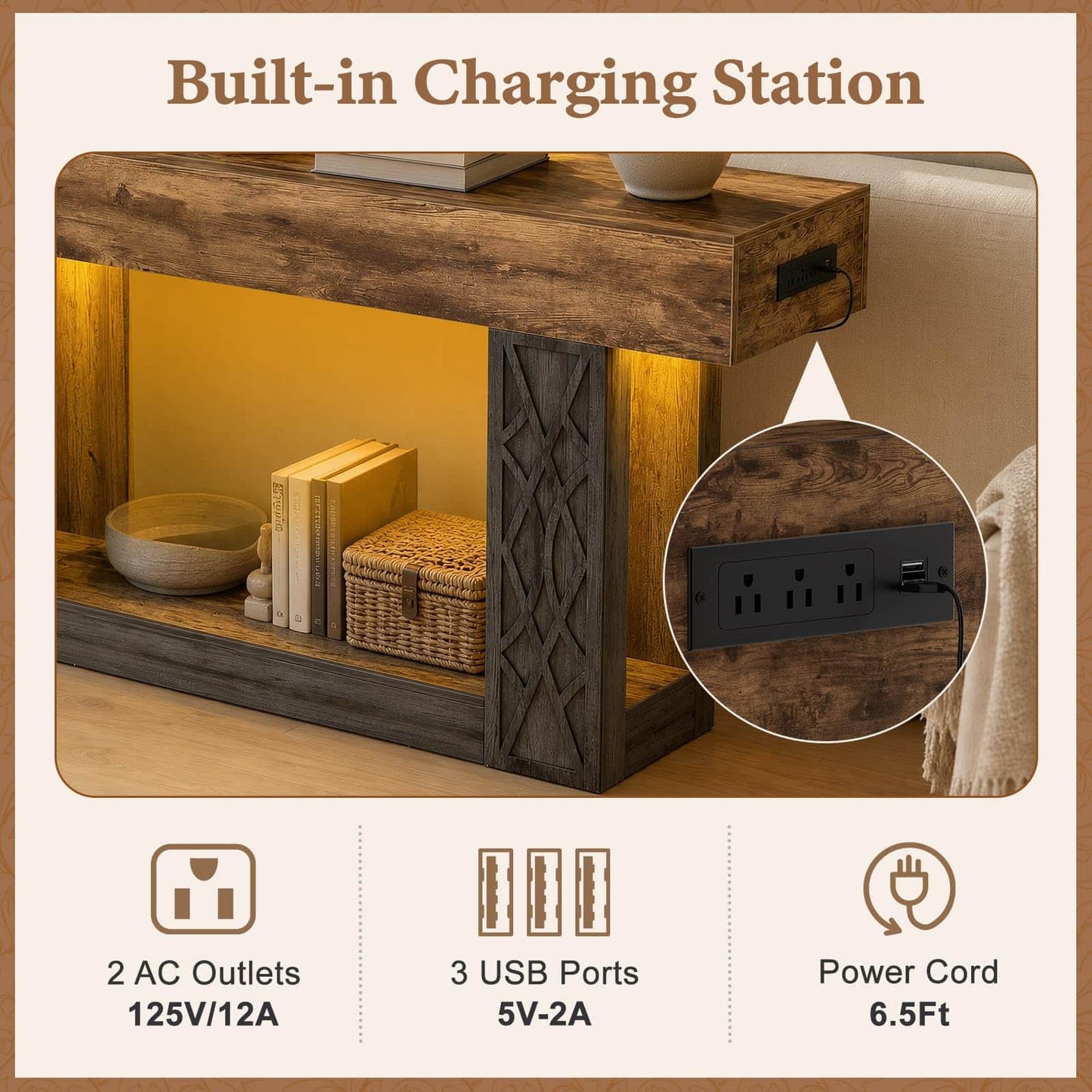 63" Farmhouse Console Table - with Outlets, LED Lights & 2-Tier Storage, Unique Geometric Pattern Sofa Table for Living Room, Hallway, Foyer