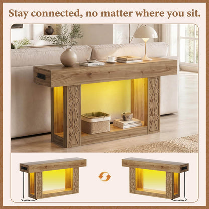 63" Farmhouse Console Table - with Outlets, LED Lights & 2-Tier Storage, Unique Geometric Pattern Sofa Table for Living Room, Hallway, Foyer