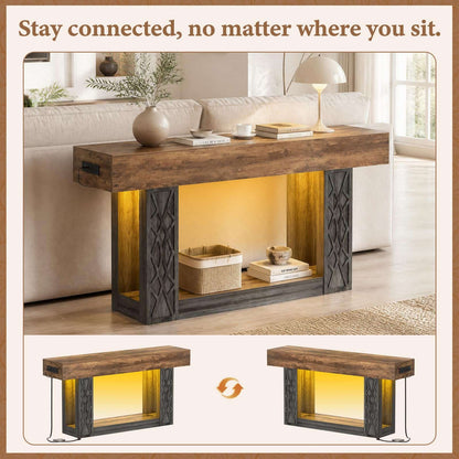 63" Farmhouse Console Table - with Outlets, LED Lights & 2-Tier Storage, Unique Geometric Pattern Sofa Table for Living Room, Hallway, Foyer