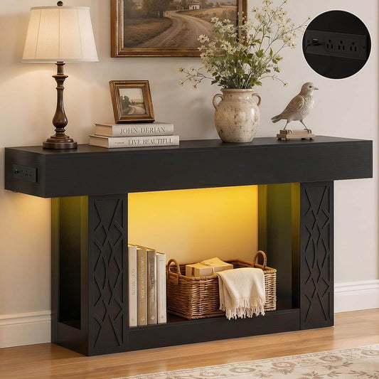 63" Farmhouse Console Table - with Outlets, LED Lights & 2-Tier Storage, Unique Geometric Pattern Sofa Table for Living Room, Hallway, Foyer