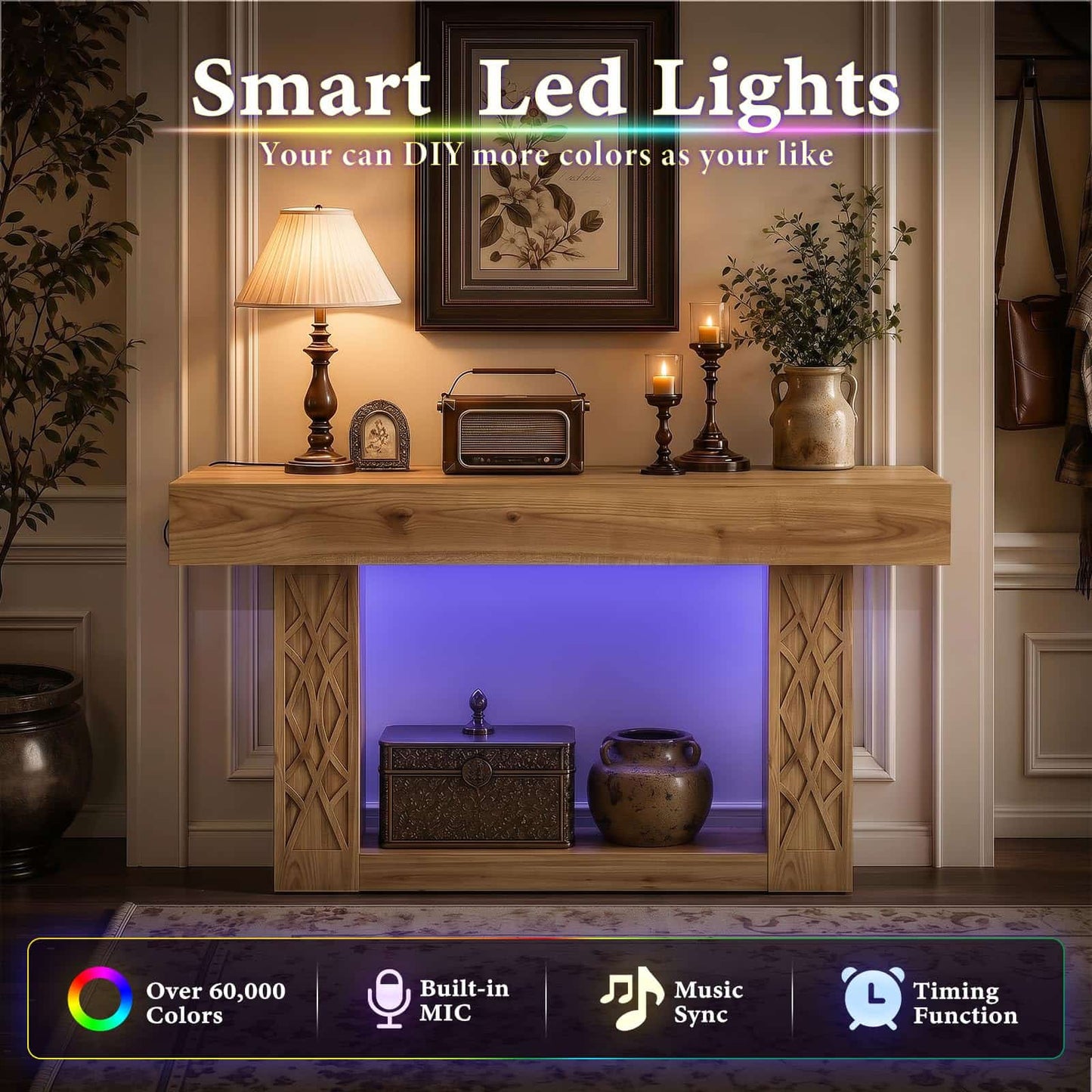 63" Farmhouse Console Table - with Outlets, LED Lights & 2-Tier Storage, Unique Geometric Pattern Sofa Table for Living Room, Hallway, Foyer
