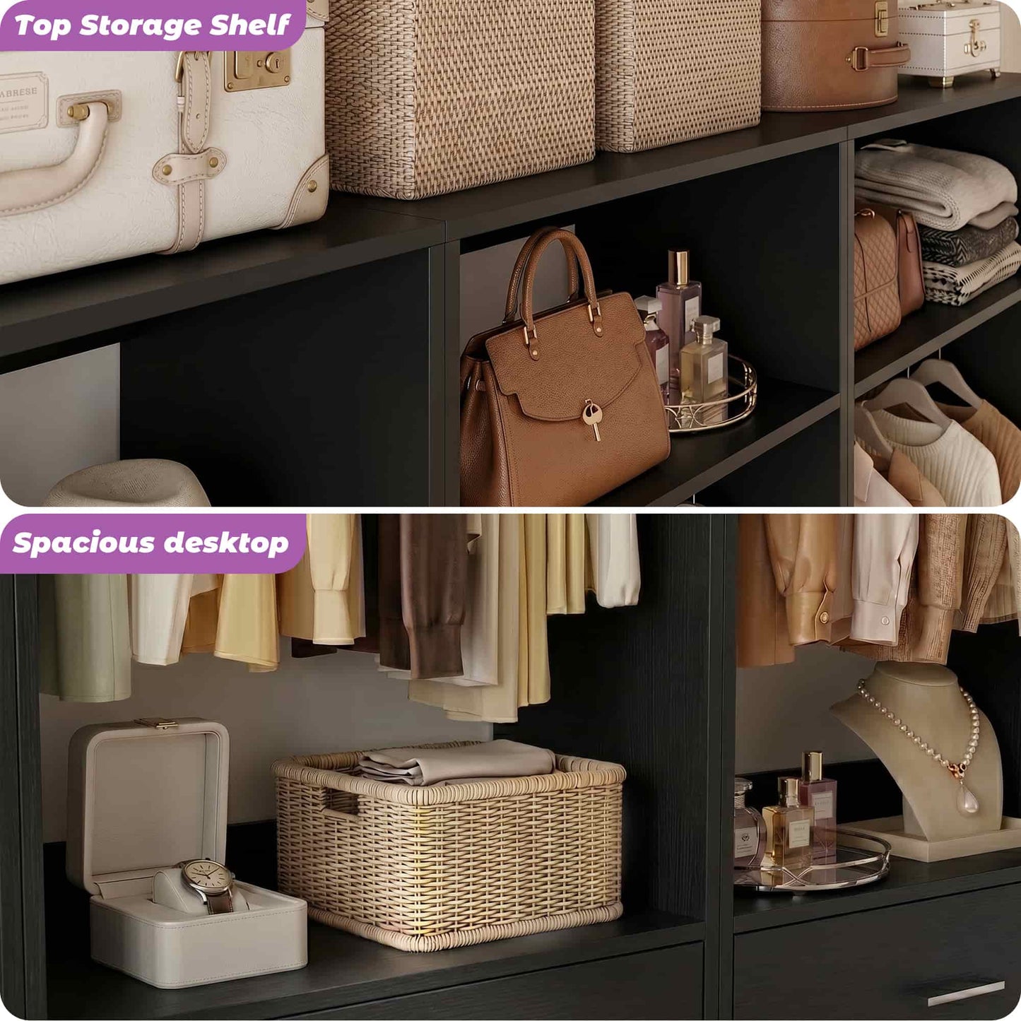 Freestanding Closet System Set - 3-Pack with 3 Wood Drawers Each,With Hanging Rod & Shelves, 24"L x 15"W x 80"H