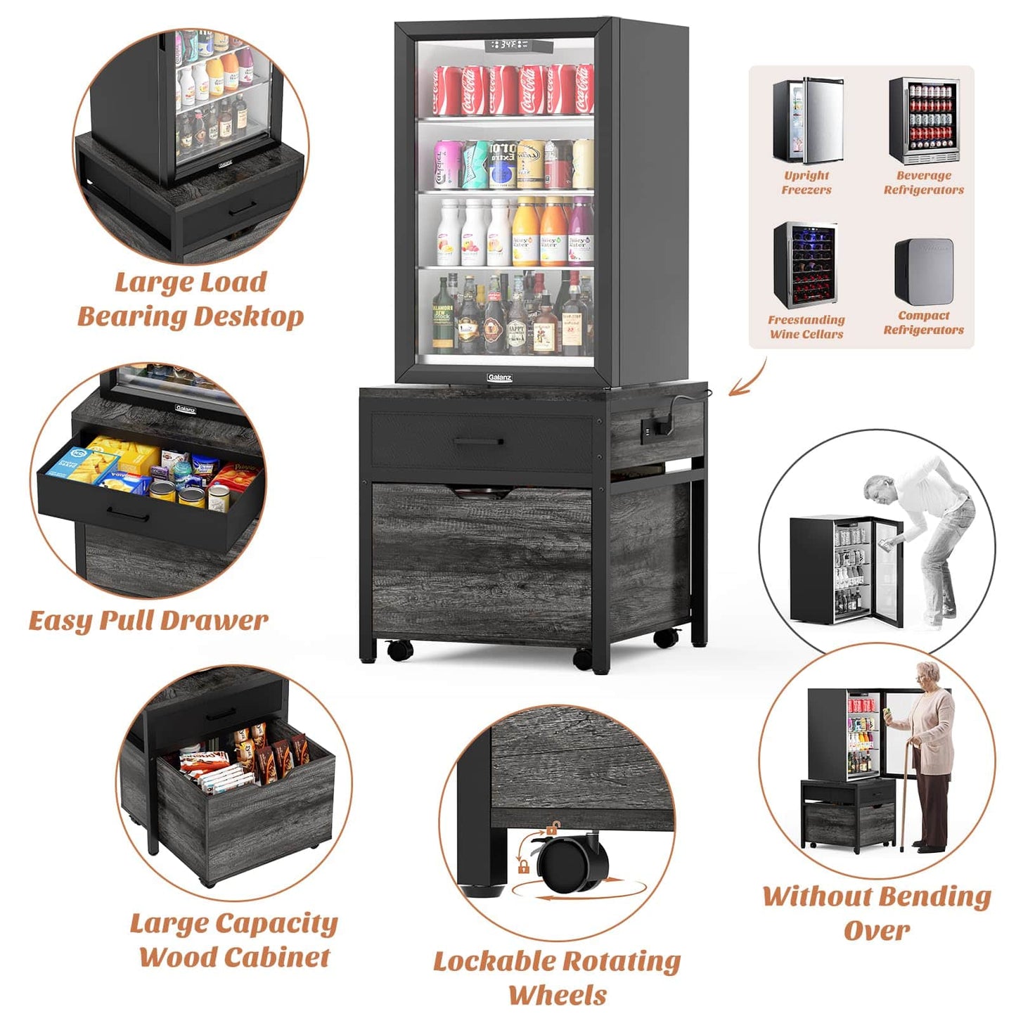 Mini Fridge Stand with Drawer Storage & Sockets, Heavy Duty Mini Refrigerator table with Rolling Cabinet