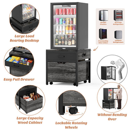 Mini Fridge Stand with Drawer Storage & Sockets, Heavy Duty Mini Refrigerator table with Rolling Cabinet