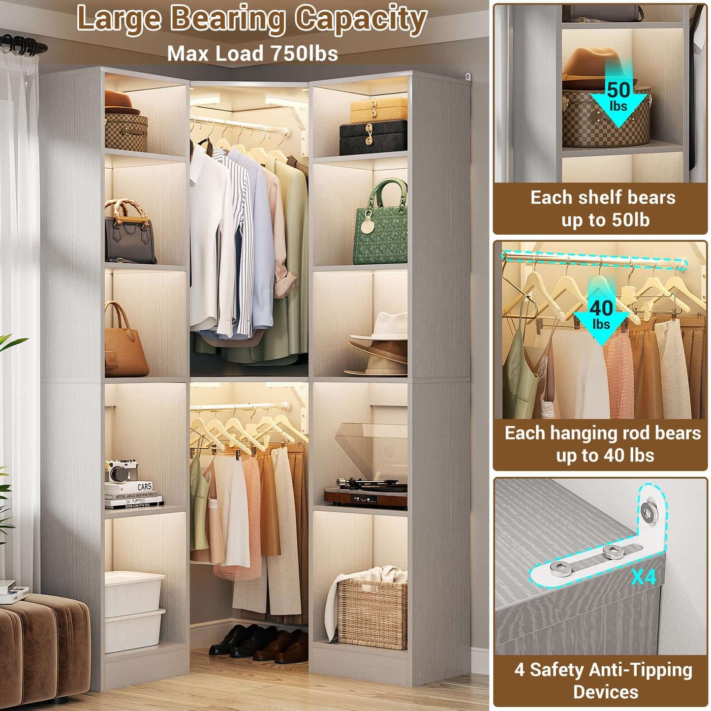 Corner Closet System with 12 Shelves, 40" Large Corner Closet Organizer System with 2 Hanging Rods