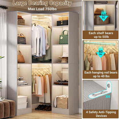 Corner Closet System with 12 Shelves, 40" Large Corner Closet Organizer System with 2 Hanging Rods
