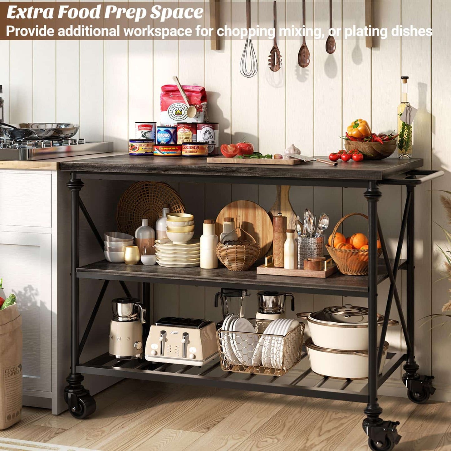 Industrial Mobile Kitchen Island Cart with Wheels: 3-Tier Storage, Lockable Casters for Kitchen, Dining & Small Spaces