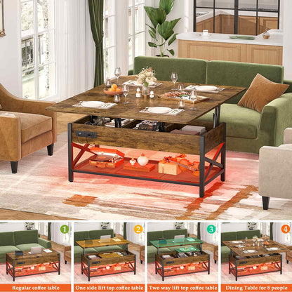 Coffee Table Lift Top with LED Light and Power Outlet, Multi-Function Coffee Table Converts to Dining Table