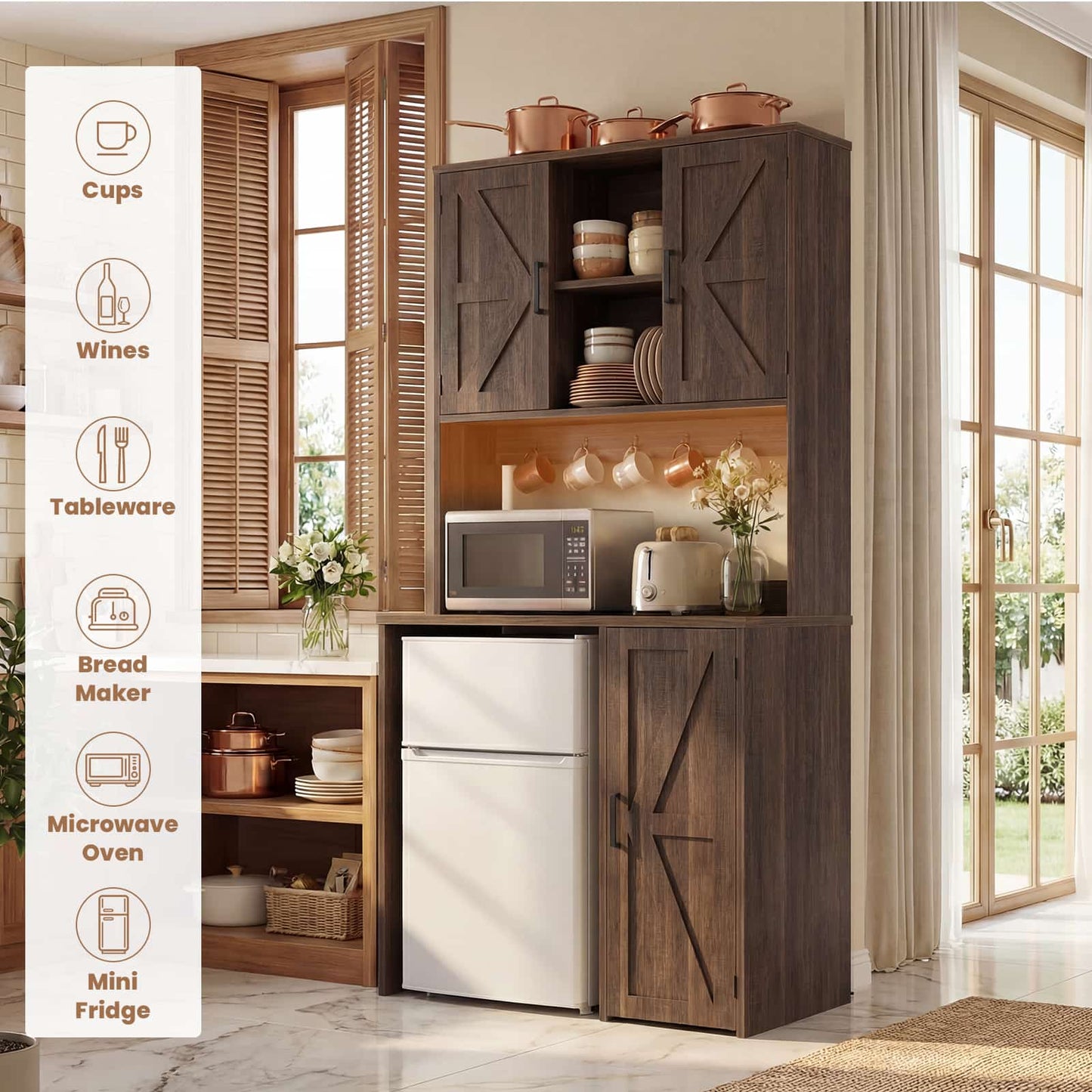 3-in-1 Mini Fridge Cabinet & Coffee Bar Station - with Power Outlet, LED Light, Microwave Shelf & Wine Storage