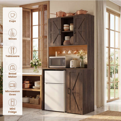 3-in-1 Mini Fridge Cabinet & Coffee Bar Station - with Power Outlet, LED Light, Microwave Shelf & Wine Storage