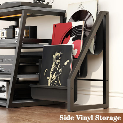 4-Tier Media Stand with Vinyl Storage, Power Outlets & LED Lights