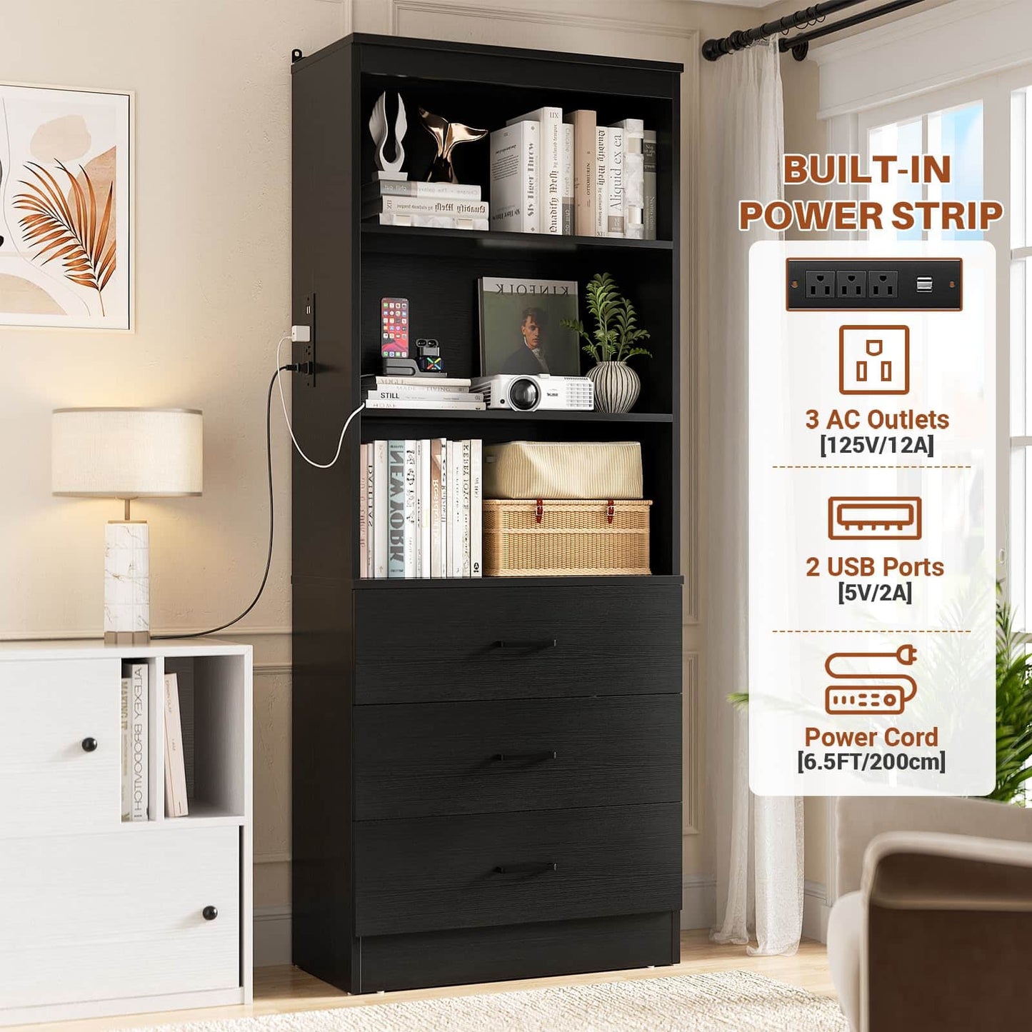 71" Tall Bookcases with 3 Large Drawers & 3 Shelves, Wooden Bookshelf for Living Room Offic