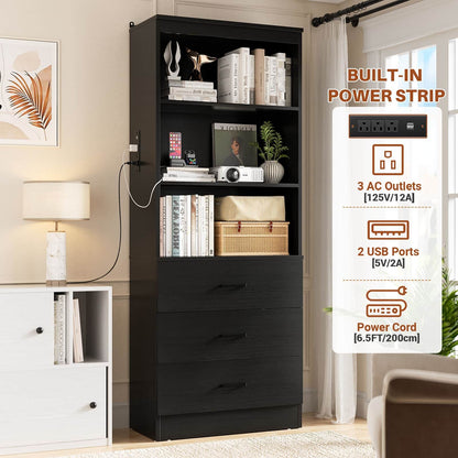 71" Tall Bookcases with 3 Large Drawers & 3 Shelves, Wooden Bookshelf for Living Room Offic