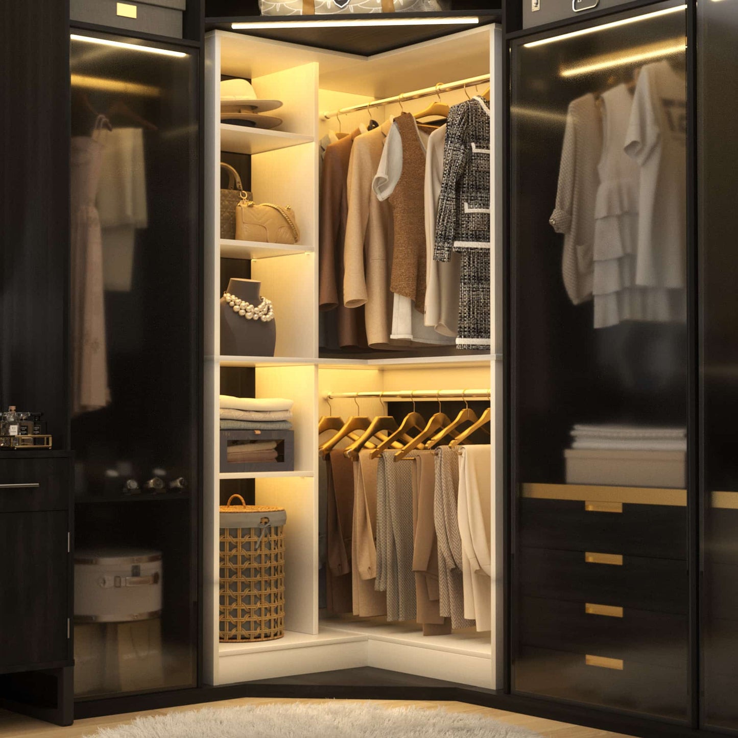 36" Corner Closet System - 2 Rods, Hutches, and 5 Shelves for Versatile Storage, Sturdy and Durable Design Armoire Closet Organizer