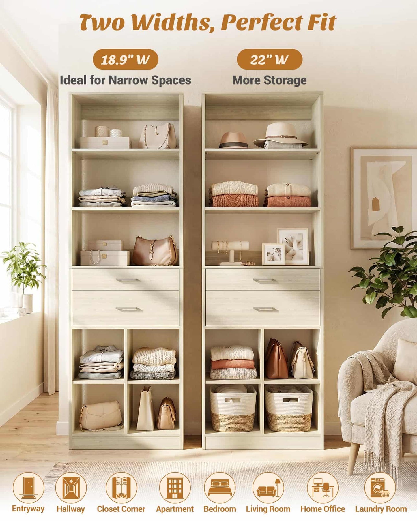 Tall Vertical Closet System, 18.9" Width Freestanding Wardrobe Storage Unit with Adjustable Shelves & Smooth-Glide Drawers