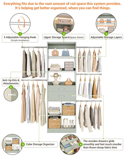 Adjustable Small Closet System, 3.2-6.8FT Expandable Closet Organizer with 2 Wooden Drawers & 5 Heavy-Duty Hanging Rods