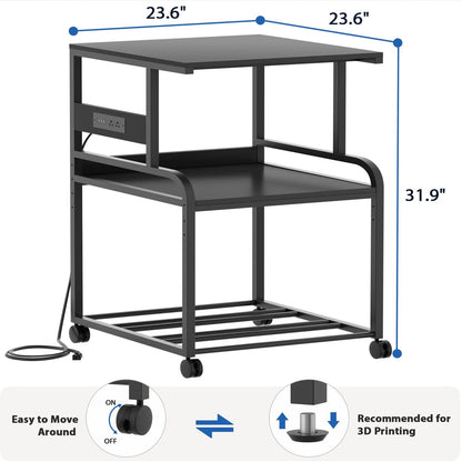 Heavy-Duty 3D Printer Rolling Cart with Power Outlet & Filament Storage, 3-Tier Adjustable Printer Stand for Home Office