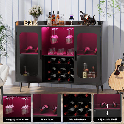 Assembled Wine Bar Cabinet with Power Outlet and LED Lights