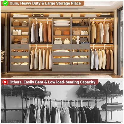 3-Piece L-Shaped Walk-in Closet Organizer System, 138.5" Wood Closet Tower with 12 Drawers & 4 Expandable Hanging Rods, Customizable Wardrobe Storage Set for Bedroom, Apartment