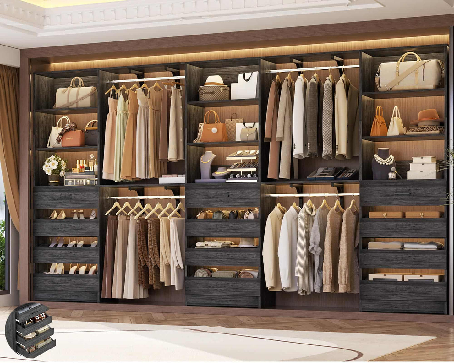 3-Piece L-Shaped Walk-in Closet Organizer System, 138.5" Wood Closet Tower with 12 Drawers & 4 Expandable Hanging Rods, Customizable Wardrobe Storage Set for Bedroom, Apartment