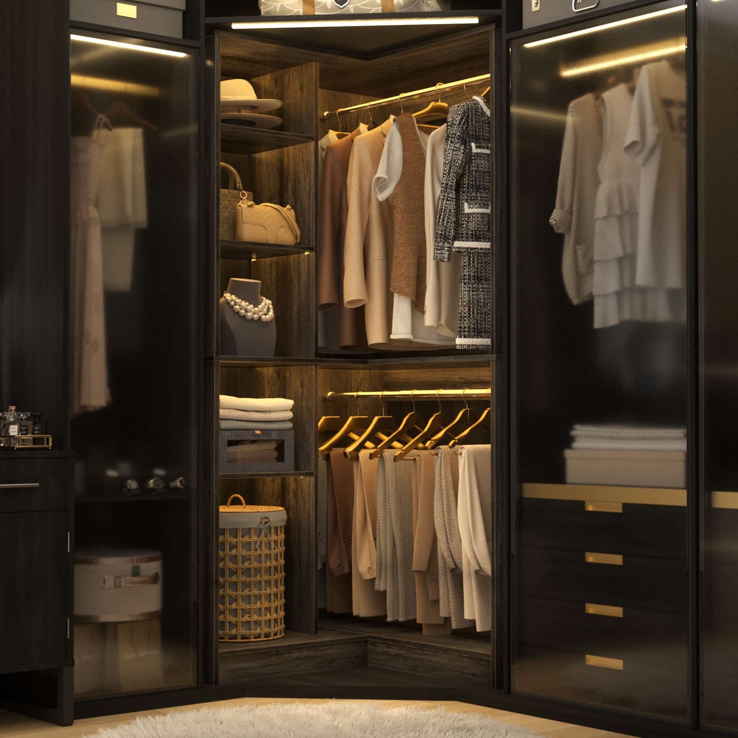 36" Corner Closet System - 2 Rods, Hutches, and 5 Shelves for Versatile Storage, Sturdy and Durable Design Armoire Closet Organizer