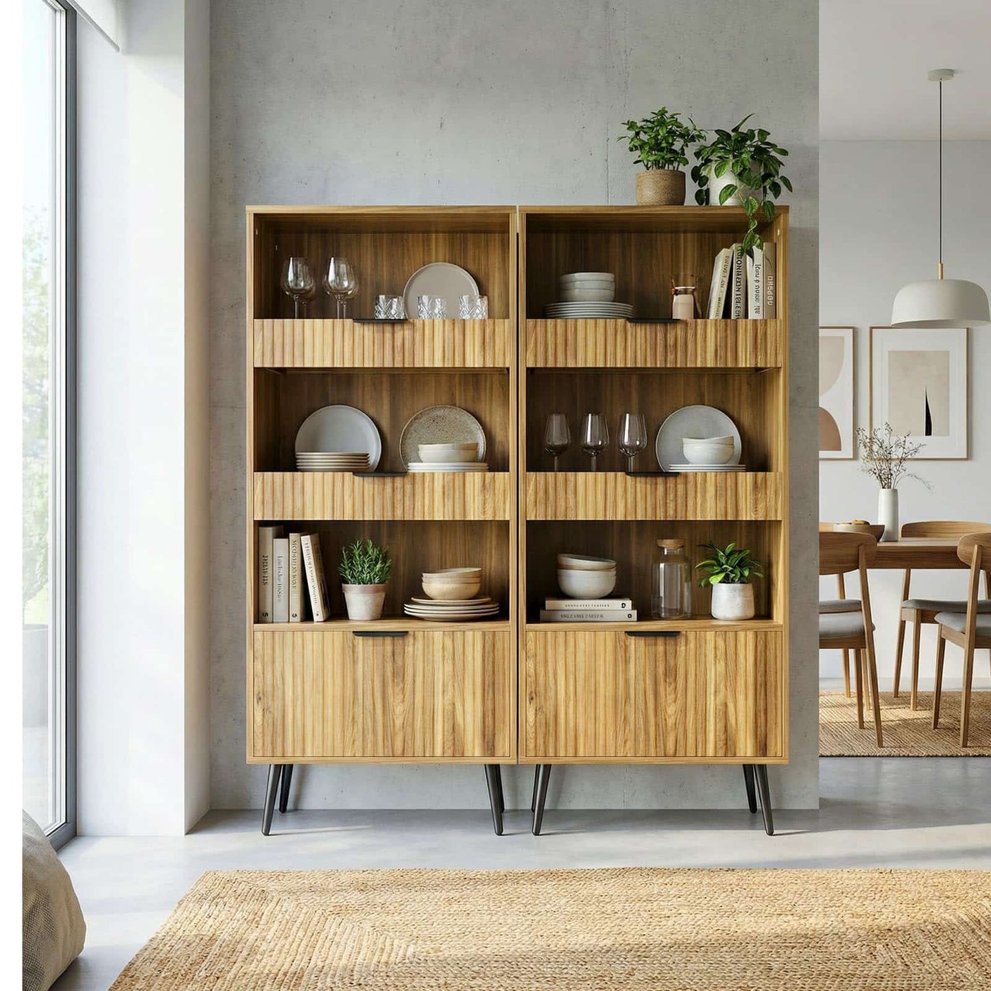 Modern Fluted Storage Cabinet, 51.2" Tall Freestanding Organizer with 3 Drawers & Open Shelf, Versatile Pantry Cabinet for Bathroom, Kitchen, Entryway - Narrow Design for Small Spaces