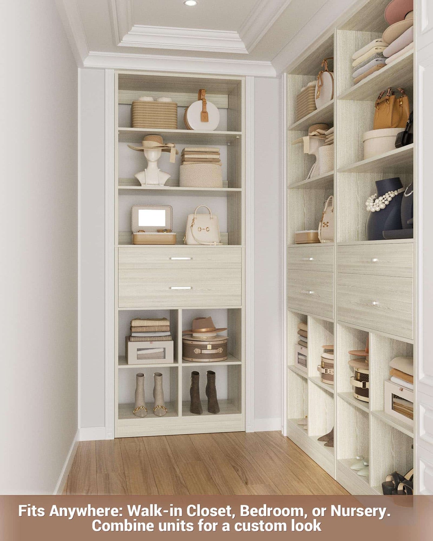 22" Floor-Standing Closet System, Multi-Tiered Wardrobe Storage Unit with Adjustable Shelves & Smooth-Glide Drawers
