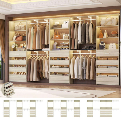 3-Piece L-Shaped Walk-in Closet Organizer System, 138.5" Wood Closet Tower with 12 Drawers & 4 Expandable Hanging Rods, Customizable Wardrobe Storage Set for Bedroom, Apartment