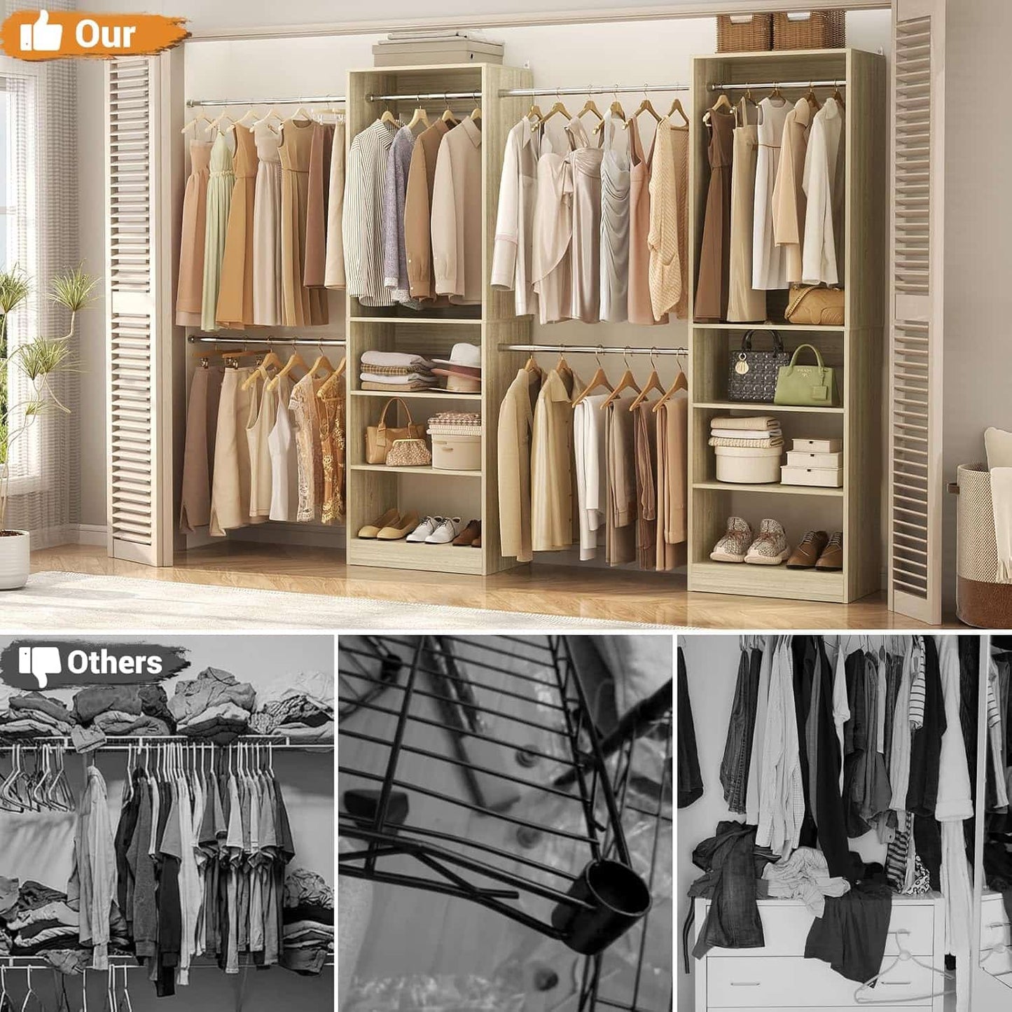 20.5-120'' W Closet Organizer System with 5 Hanging Rods, Shelving Tower